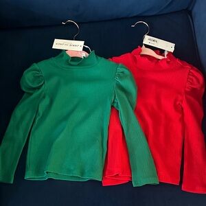 Janie and Jack Ribbed Long-Sleeve Tops — Green & Red
